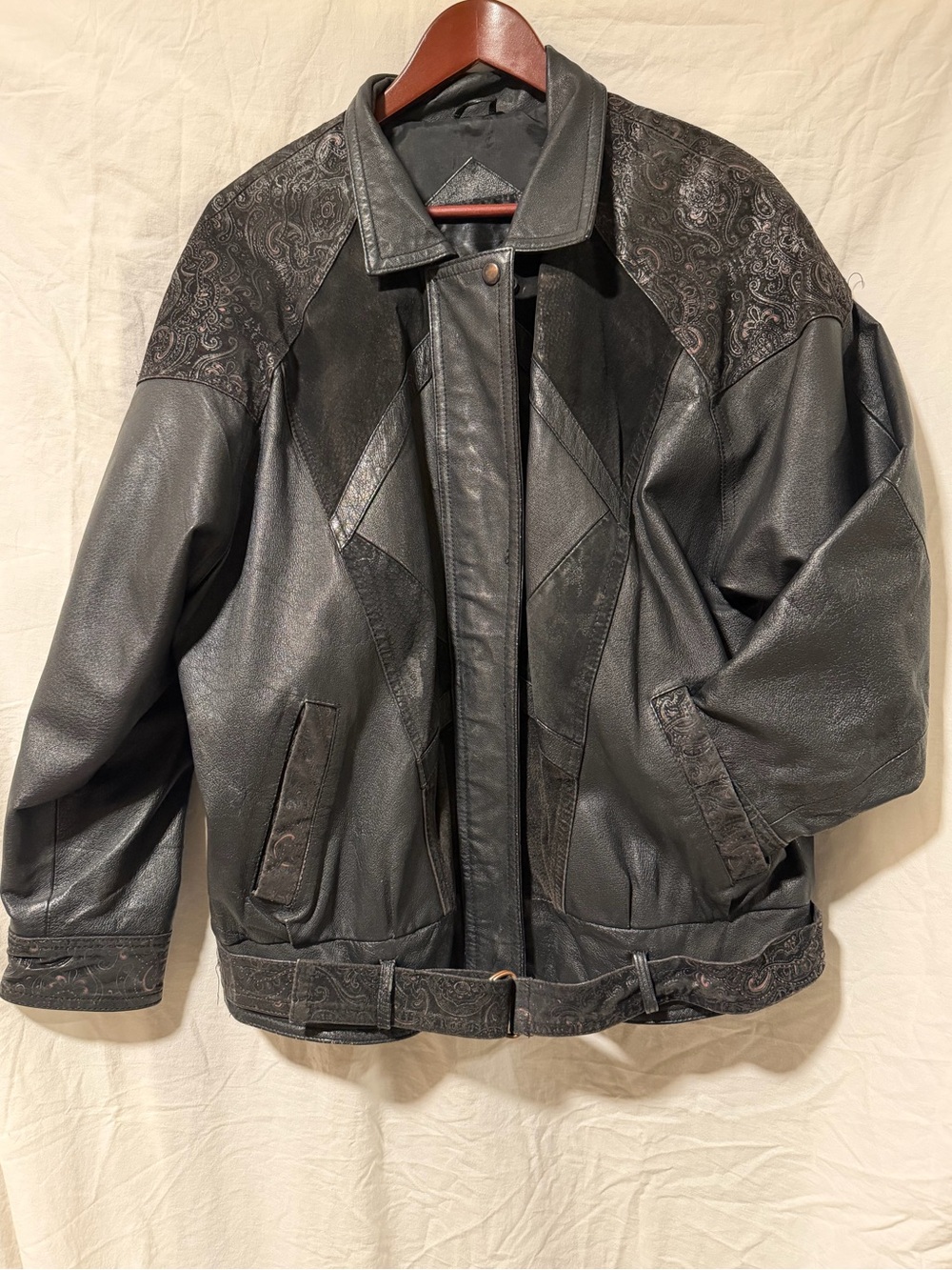 Vintage Paisley Leather and Suede Bomber Jacket (Oversized)